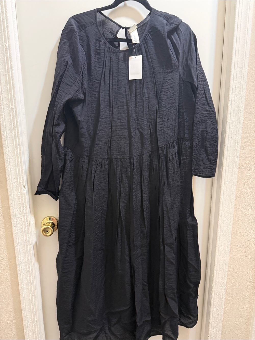Black Textured Long Sleeve Tiered crape Midi Dress